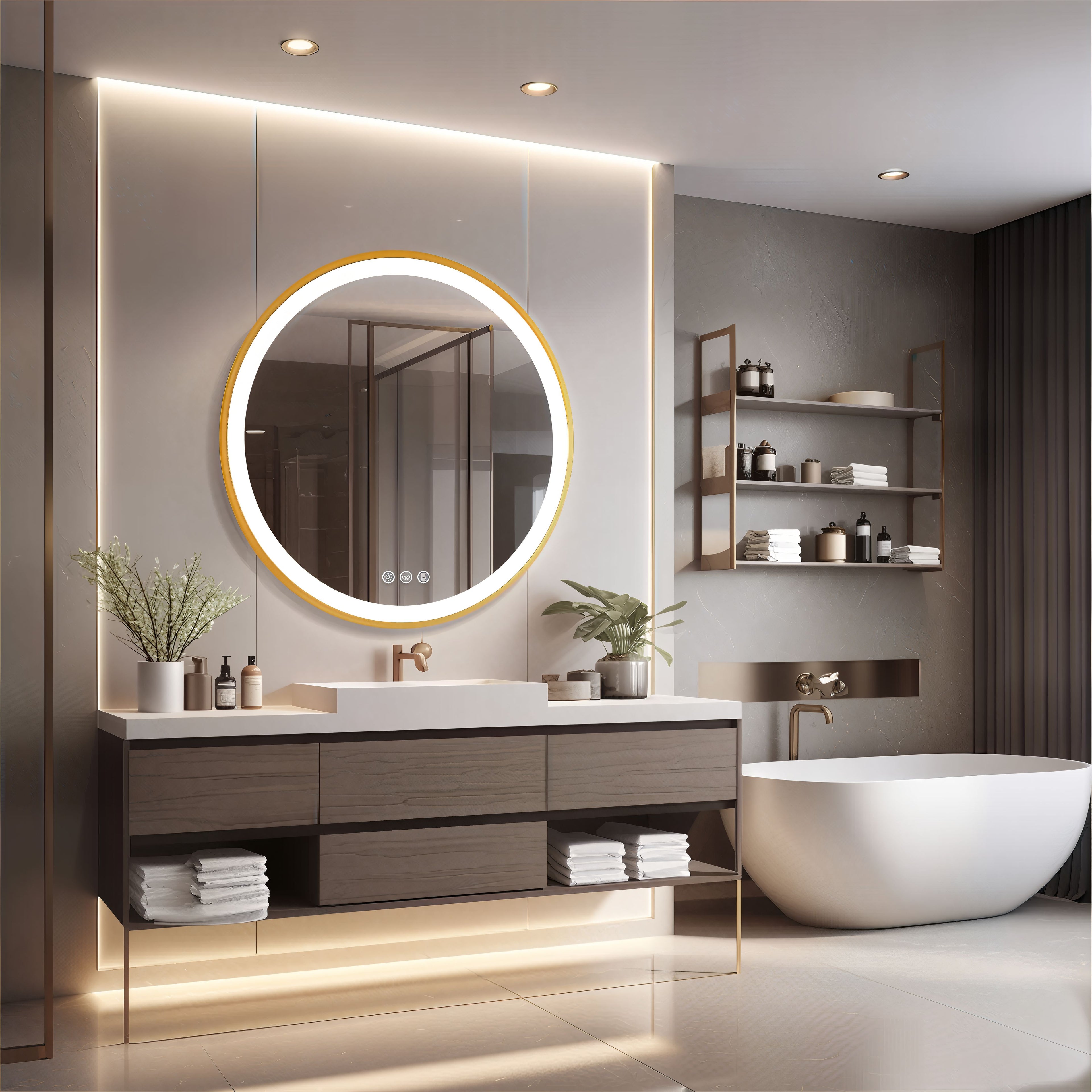 LED Vanity Mirror – 32” Gold Frame with 3 Light Modes