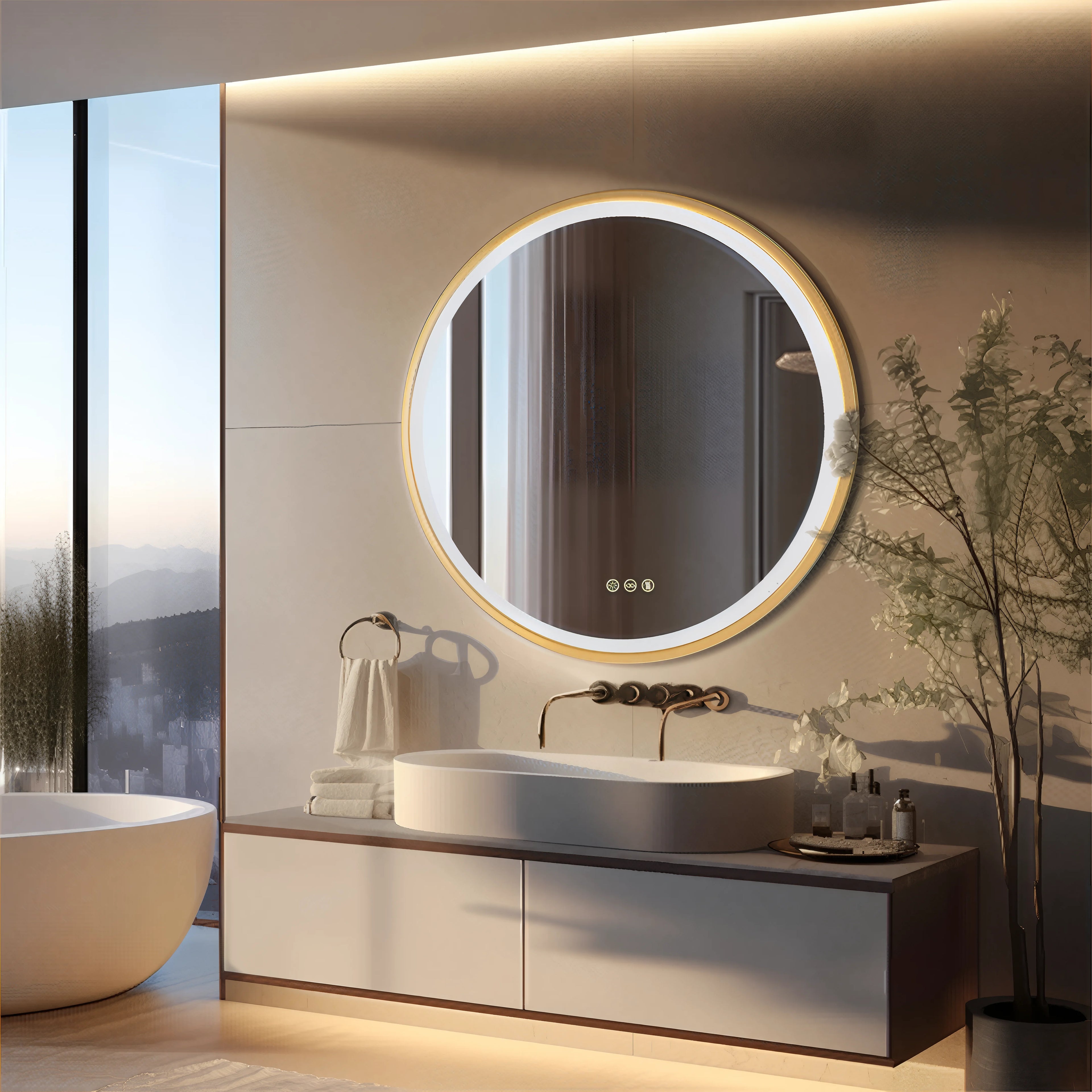 LED Vanity Mirror – 32” Gold Frame with 3 Light Modes