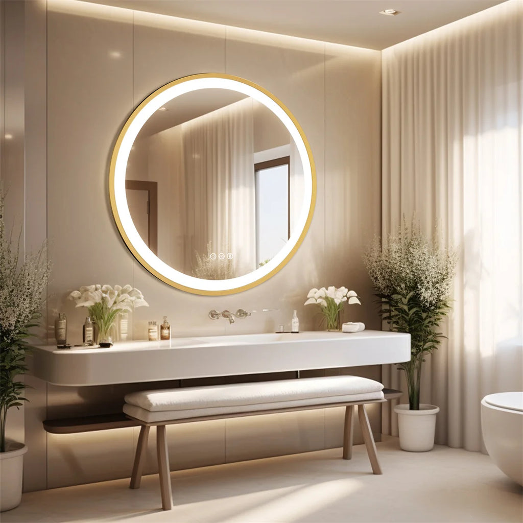LED Vanity Mirror – 32” Gold Frame with 3 Light Modes