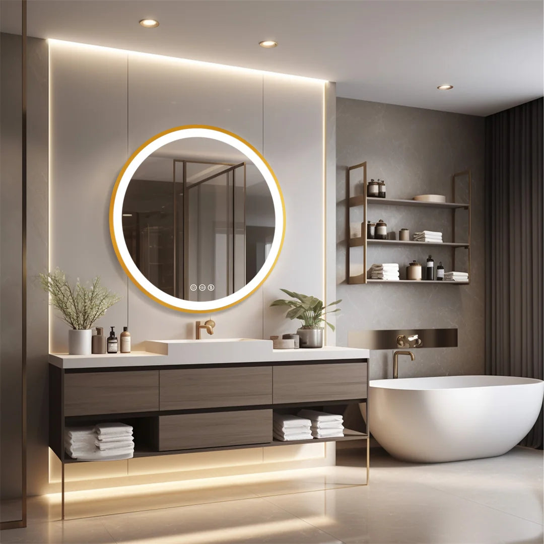 LED Vanity Mirror – 32” Gold Frame with 3 Light Modes